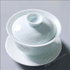 手绘创意陶瓷盖碗 青瓷影雕个人泡茶碗