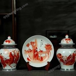 汪荣娟油红彩将军罐纪念盘三件套 德福堂陶瓷花瓶 手工收藏品纪念摆盘罐子