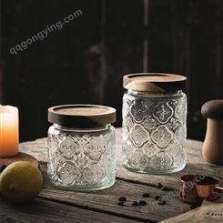 家用复古海棠花浮雕糖果罐竹盖零食收纳罐透明玻璃密封大号茶叶罐