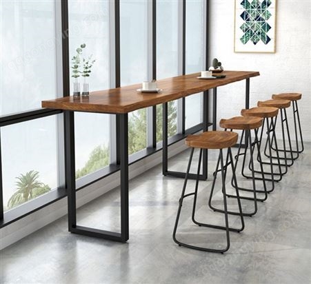 上海家具咖啡厅奶茶店休闲吧实木吧台桌铁艺高脚桌椅酒吧靠墙自然边长条桌JY-GZ-084